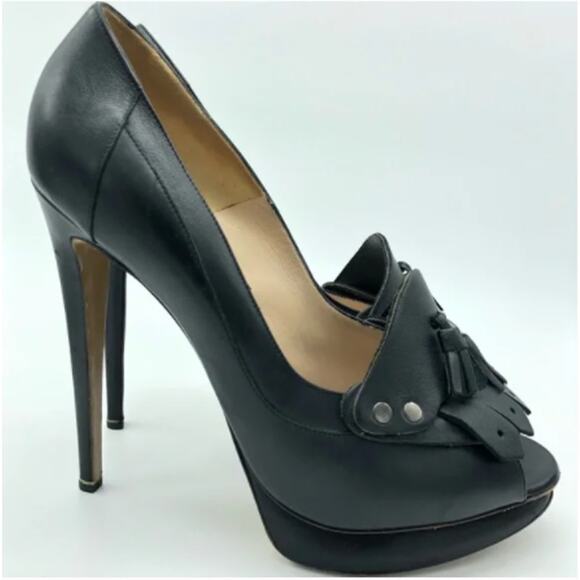 Nicholas Kirkwood 40 Platform Peeptoe Loafer Pump Black Leather 11A0227